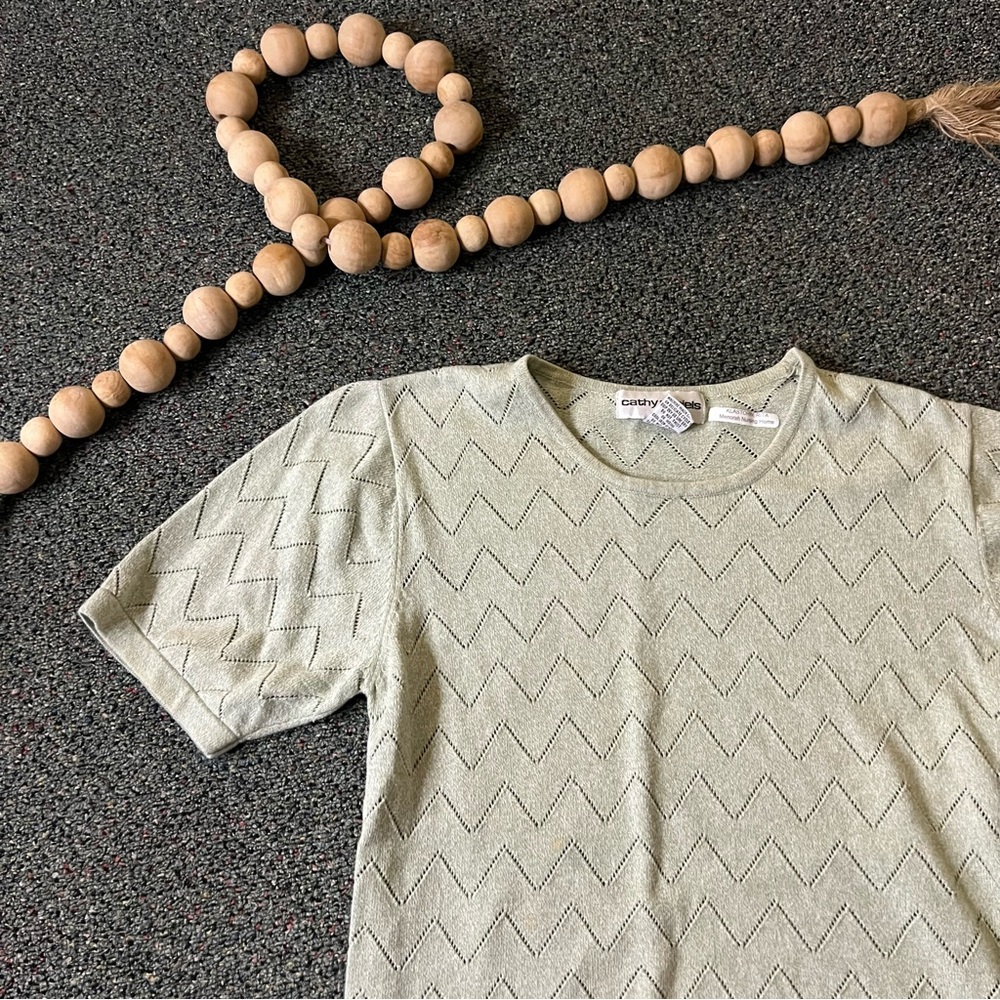 Pistachio Pastel Green Short-Sleeve Chevron Eyelet Pattern 100% Cotton Sweater